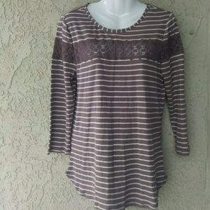 LC Lauren Conrad brown lace top striped blouse exc